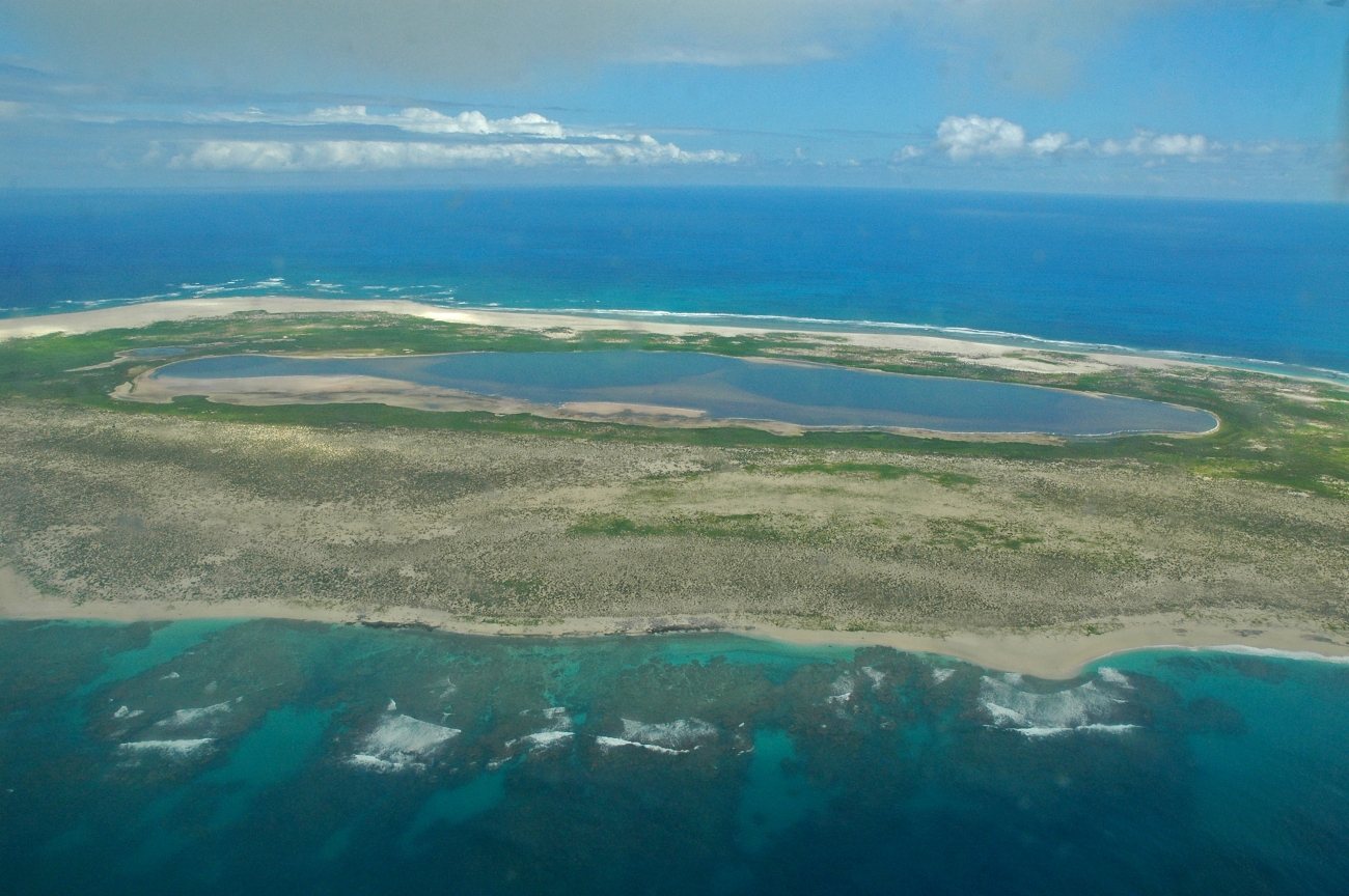 Aerial view of Laysan Island and its central hypersaline lake
