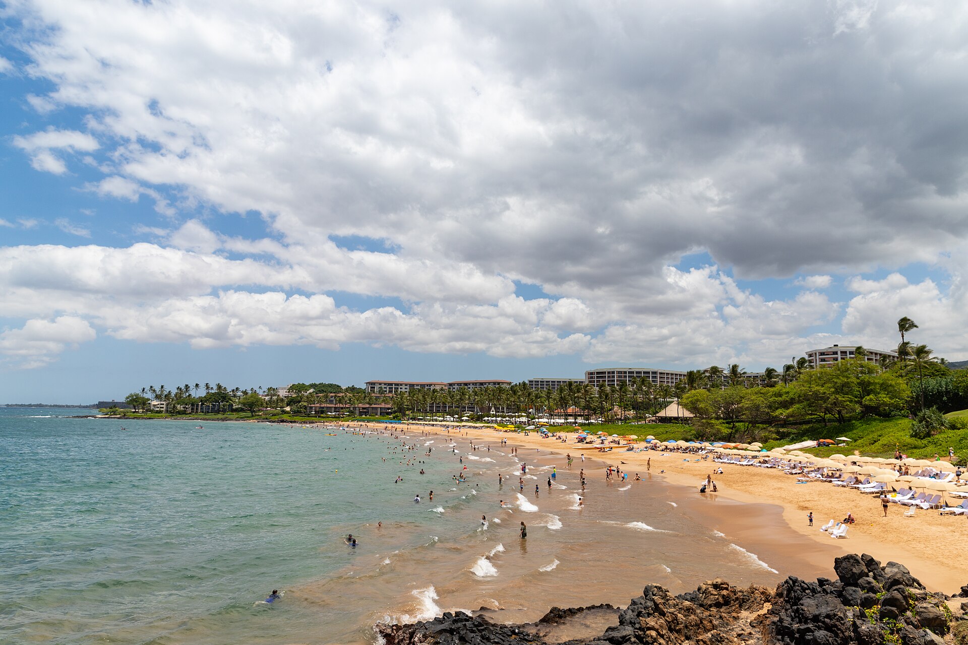 Aerial view of Wailea Beach on Maui's south shore, seen from over the water