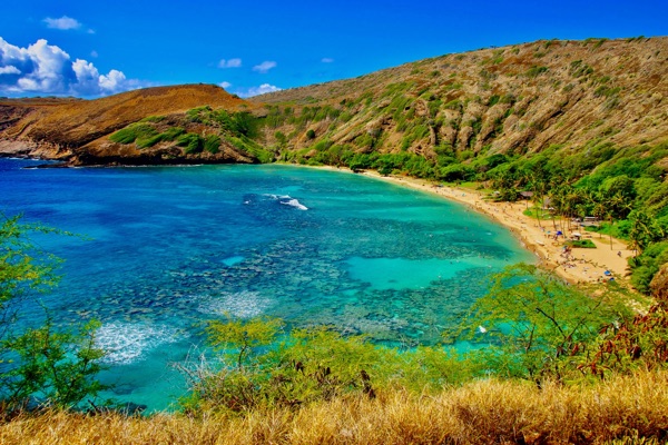 Hanauma Bay's turquoise reef and curved beach from the crater rim