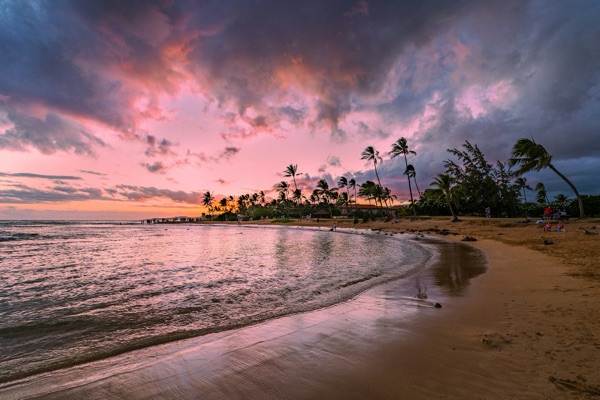 Poʻipū shoreline at sunset on Kauaʻi