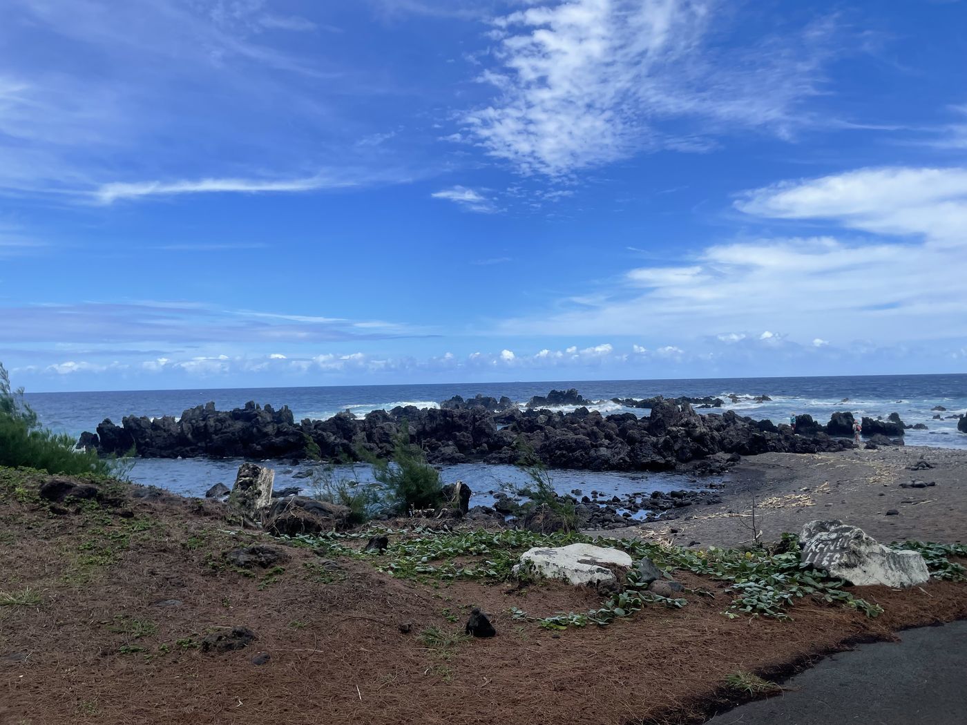 Black lava boulders and a tide pool along the shoreline at Laupāhoehoe Point under a bright blue sky with white clouds.