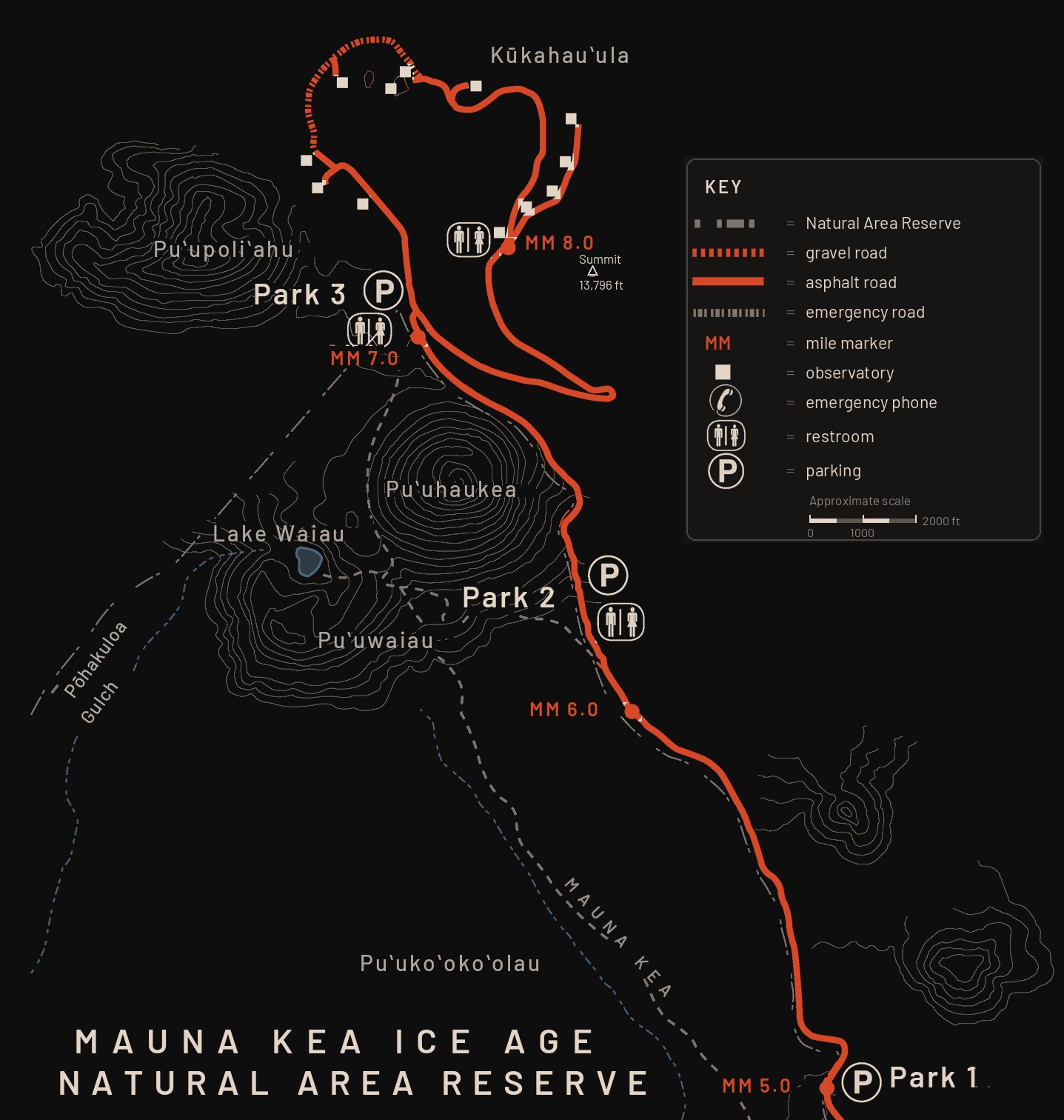 Map of Mauna Kea Ice Age Natural Area Reserve showing Parks 1–3, Lake Waiau, and the summit approach