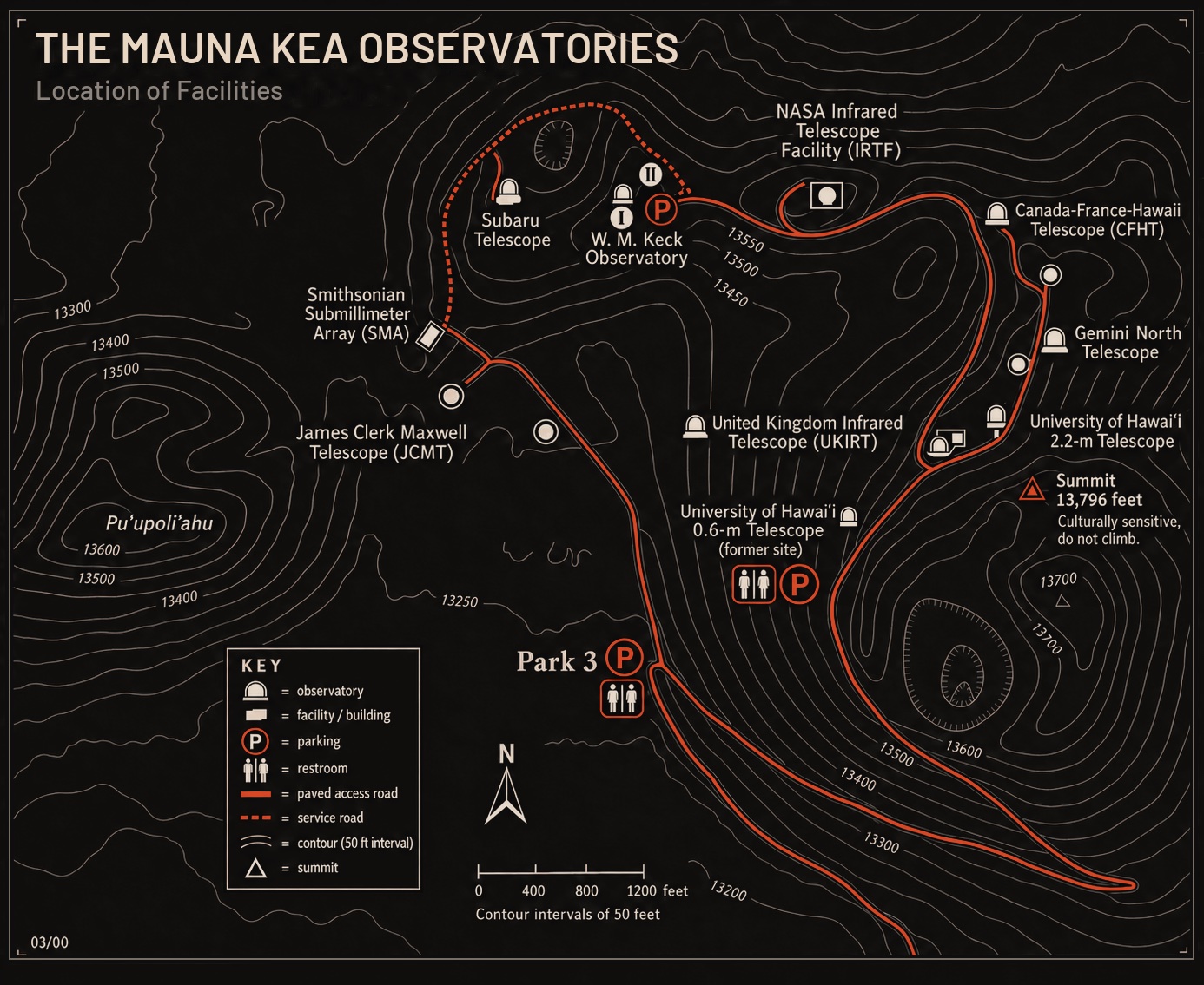 Map of Maunakea observatory facilities around the summit, including Park 3 and major telescopes