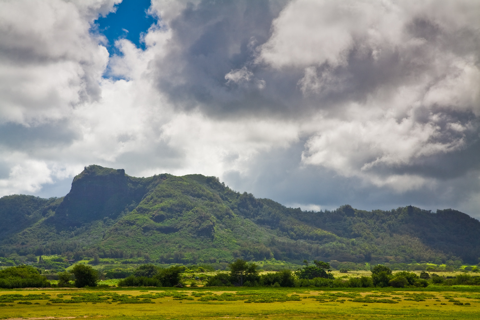 Nounou, the Sleeping Giant ridge, rising green above open fields under billowing clouds