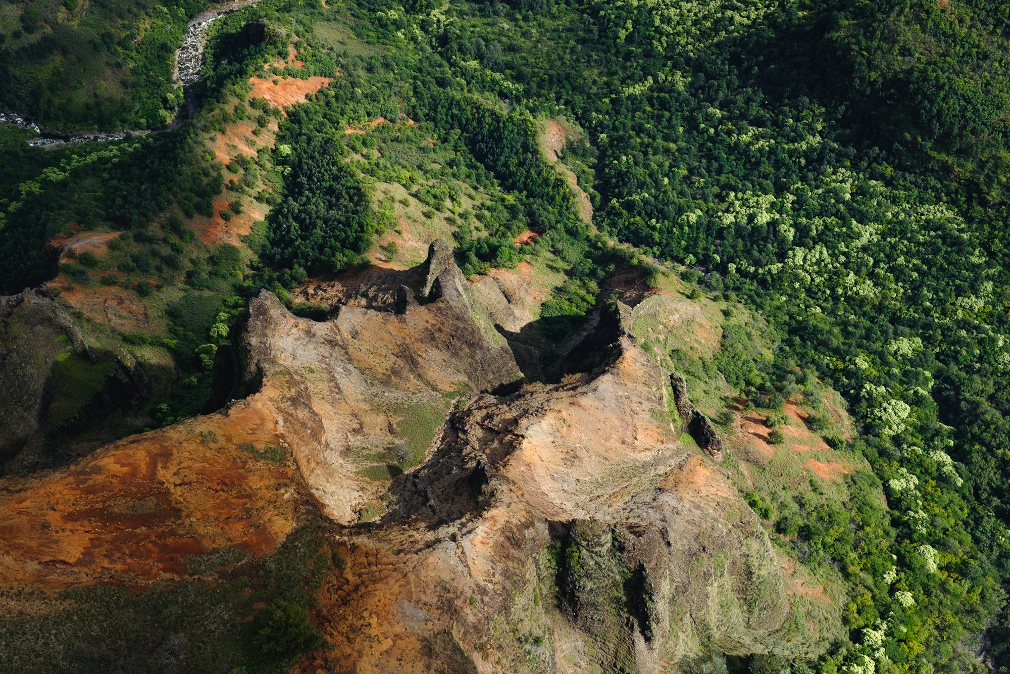 Rugged green and red canyon landscape on western Kauaʻi