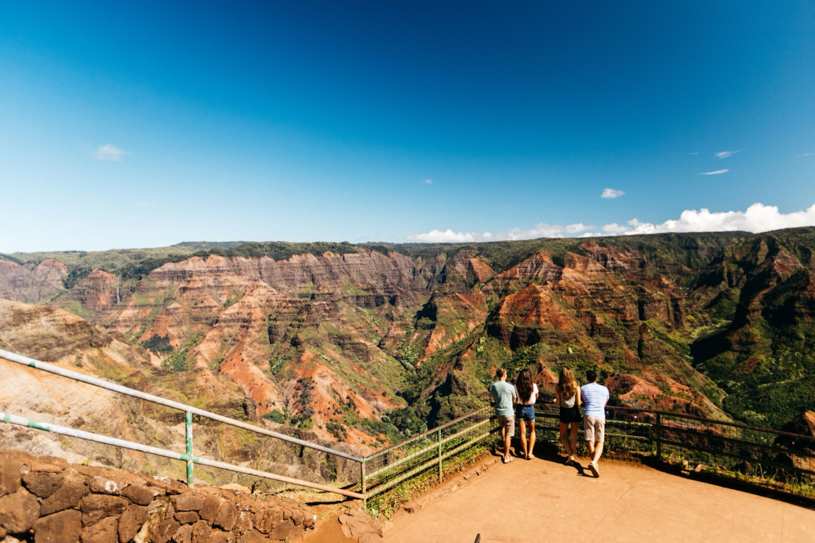 Four visitors at a railed lookout above Waimea Canyon’s red and green ridges under a blue sky
