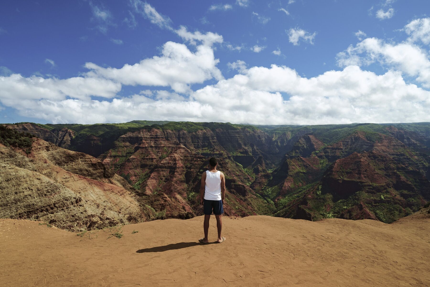 A man in a white tank top and dark shorts stands on a bare red-dirt viewpoint, looking out over the layered walls of Waimea Canyon under scattered clouds