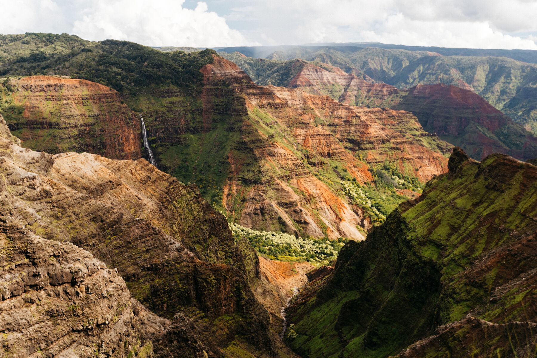Steep canyon walls in red, brown and green fall away from the Waimea Canyon Lookout, with a thin white waterfall on the far wall and soft clouds above the rim