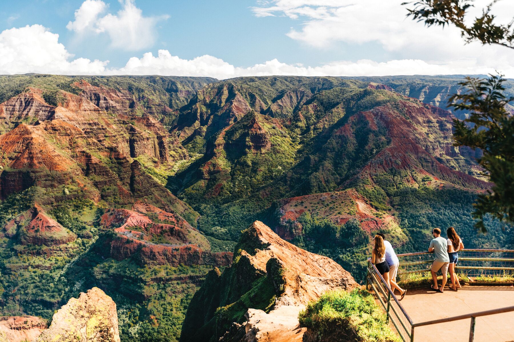 Four visitors stand at the railing of a paved lookout, looking across the red and green ridges of Waimea Canyon under a blue sky with white clouds
