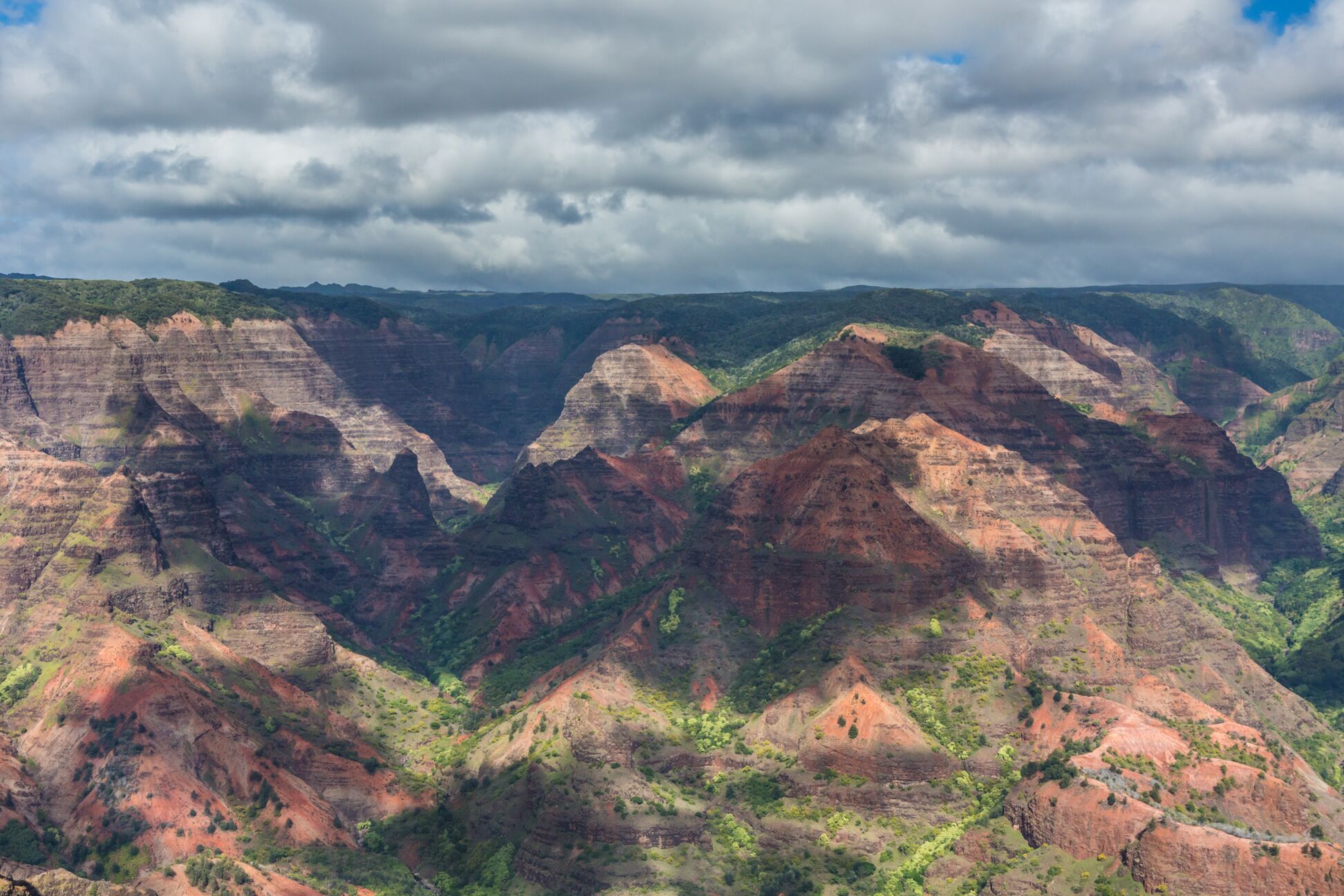 A wide view across Waimea Canyon: rows of eroded red and brown ridges streaked with green, under a sky of white cumulus clouds