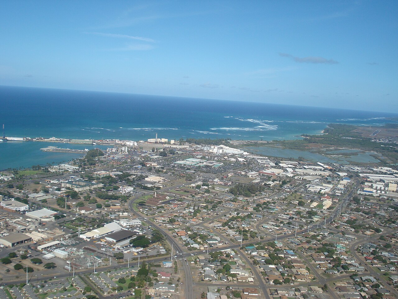 Aerial view of Kahului, its harbor and Central Maui coastline