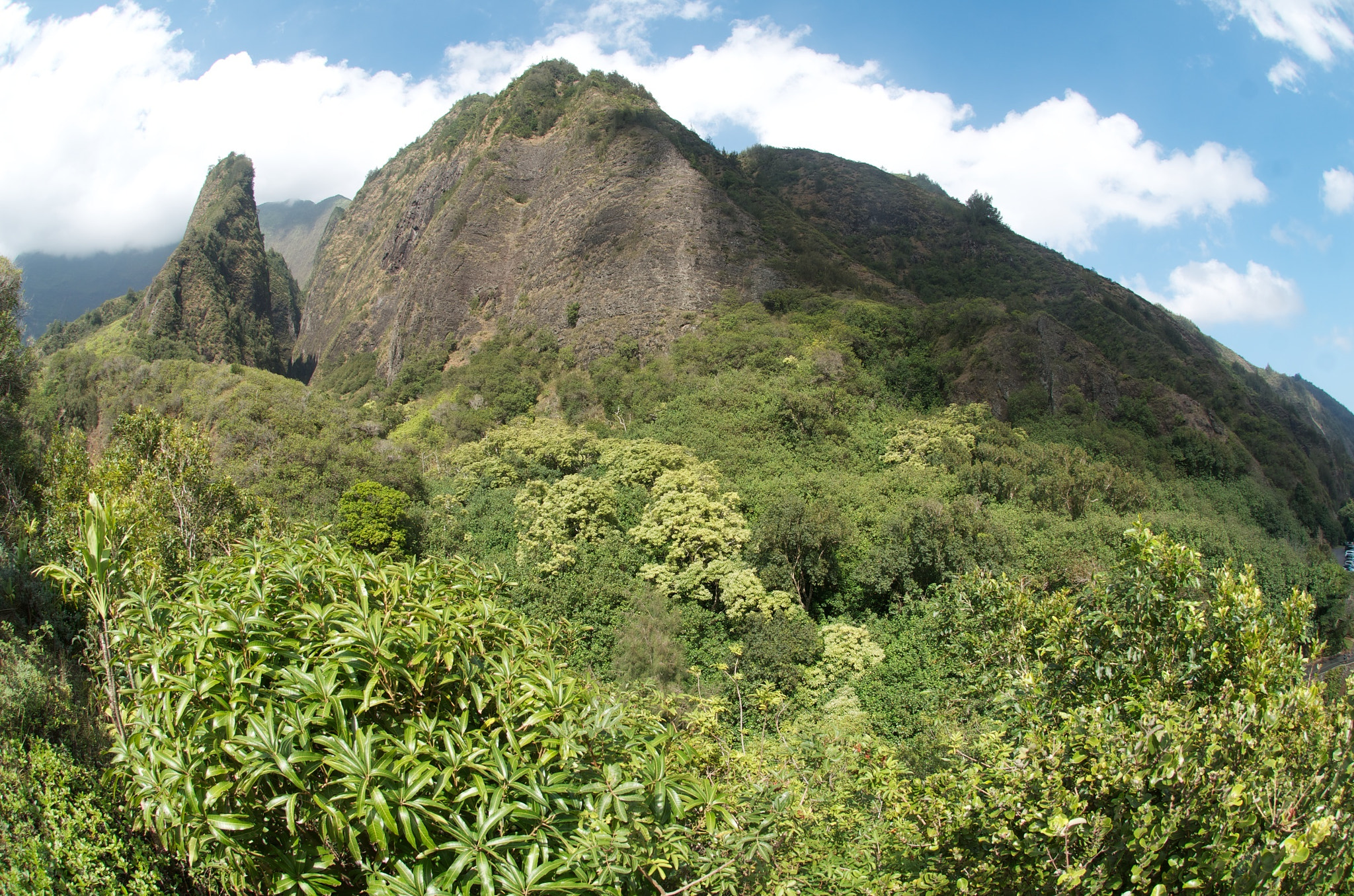 Deep green ridges rising above ʻĪao Valley in Central Maui